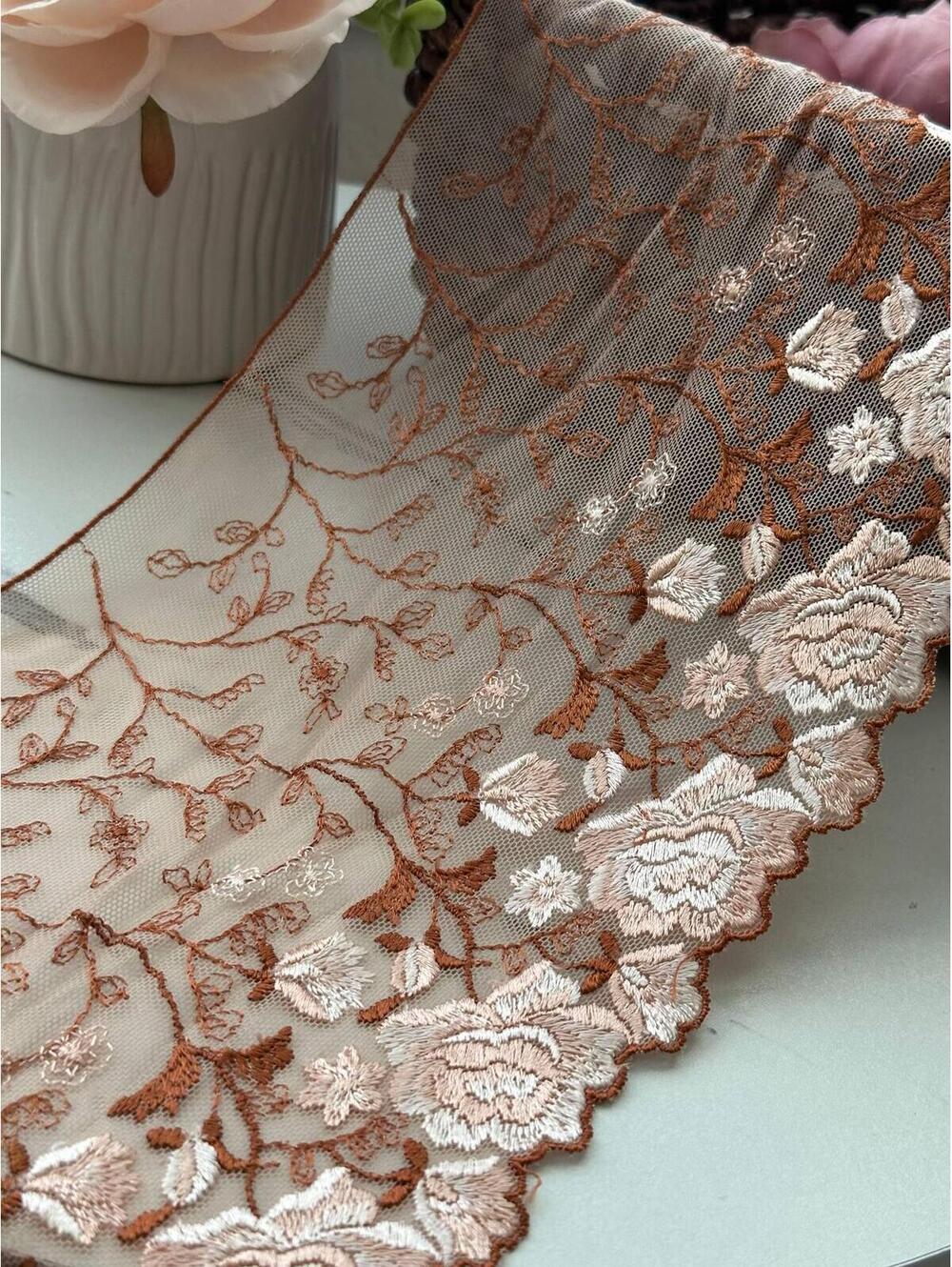 3Yds Non-Stretch 6.3" Autumn Terracotta Rust Floral Embroidered Mesh Lace Trim